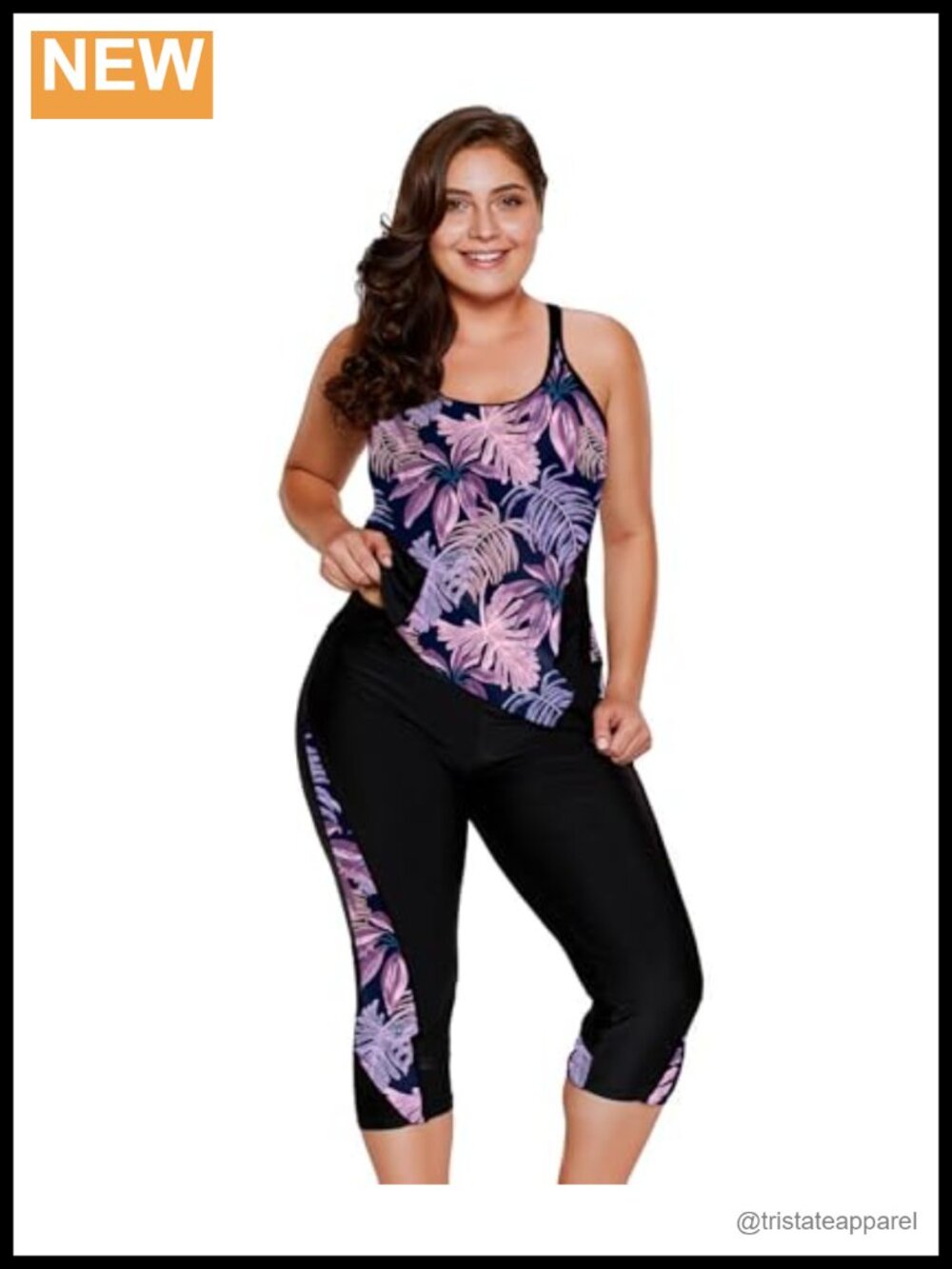 Plus Size Tankini Swimsuit Rash Guard Capris Two Piece Bathing Suit